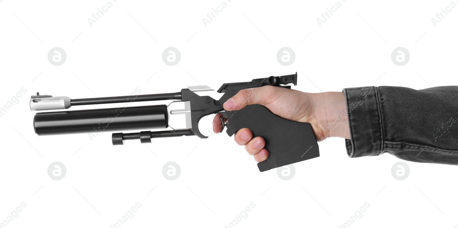 Photo of Gun shooting sport. Man aiming standard pistol on white background, closeup