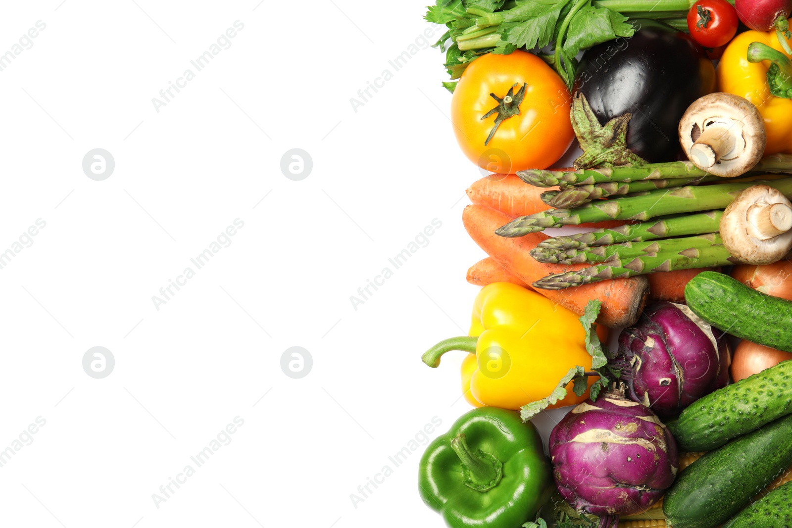 Photo of Assortment of fresh vegetables on white background, top view. Space for text