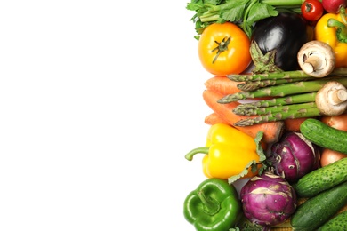 Photo of Assortment of fresh vegetables on white background, top view. Space for text