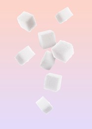 Refined sugar cubes in air on color gradient background