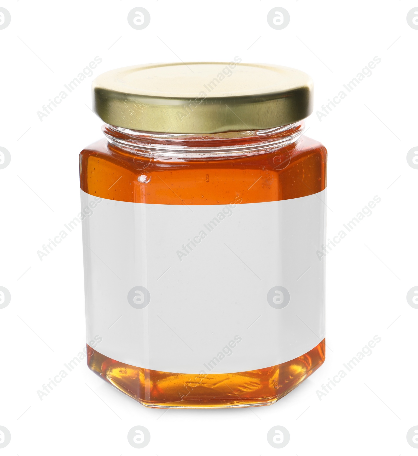 Image of Jar of honey with blank label on white background. Mockup for design