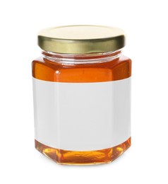 Image of Jar of honey with blank label on white background. Mockup for design