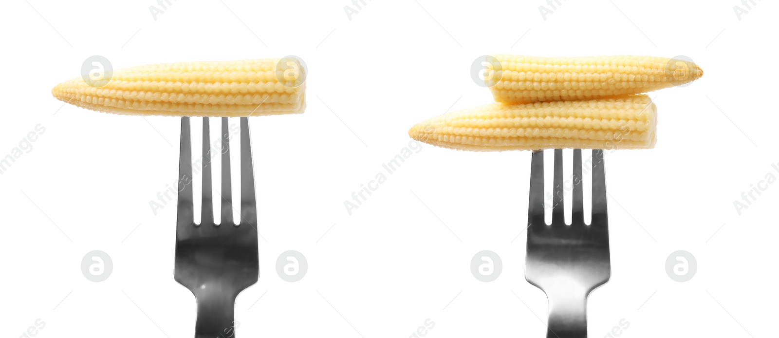 Image of Forks with tasty pickled baby corn on white background, collage. Banner design