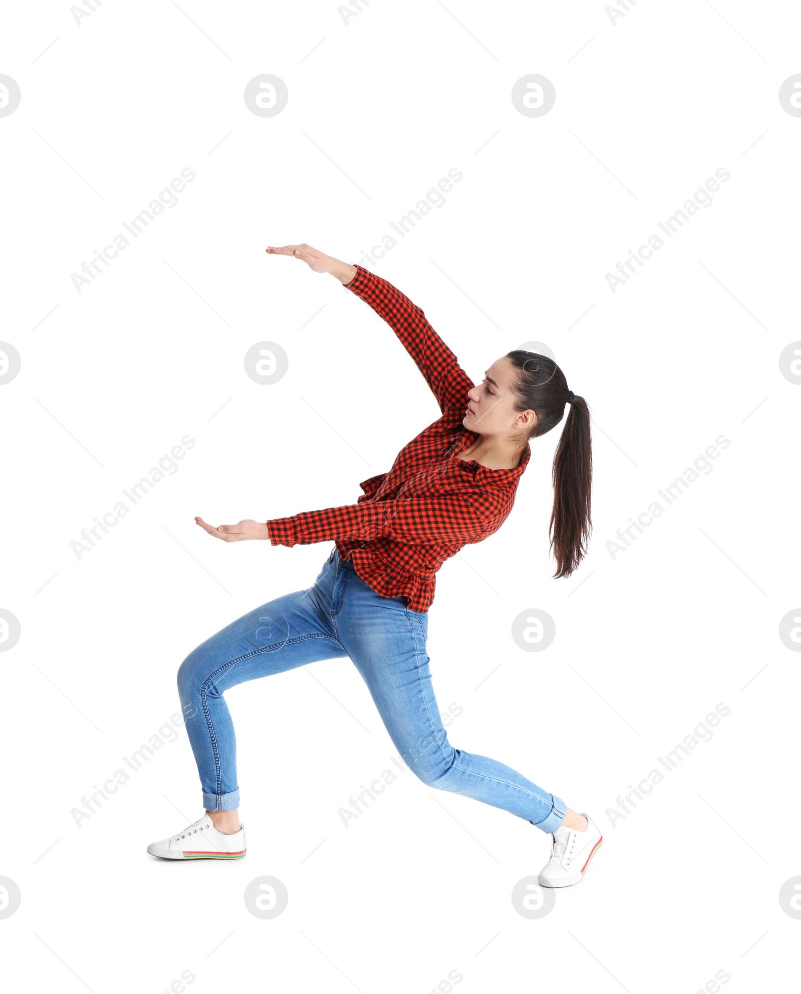 Photo of Young woman with magnet attracting people on white background