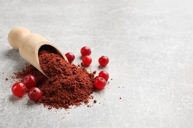 Photo of Pile of cranberry powder, scoop and fresh berries on light grey table. Space for text