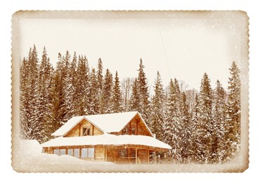 Old paper photo. Cottage in snowy coniferous forest on winter day