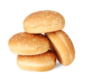 Photo of Many fresh burger buns isolated on white
