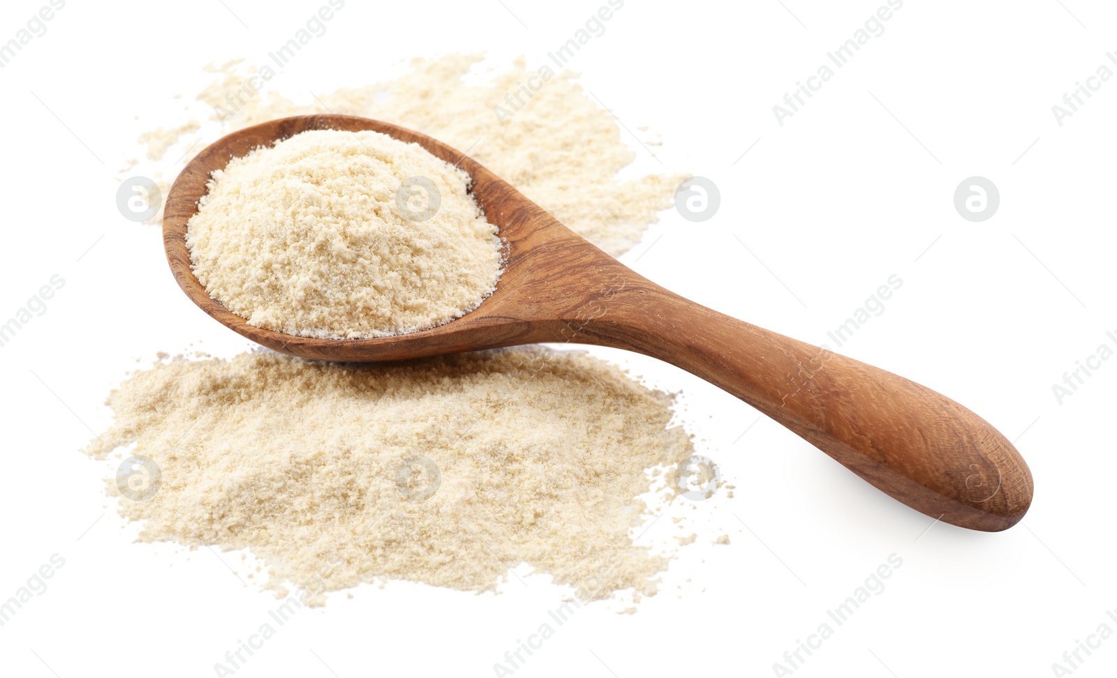 Photo of Wooden spoon with quinoa flour on white background