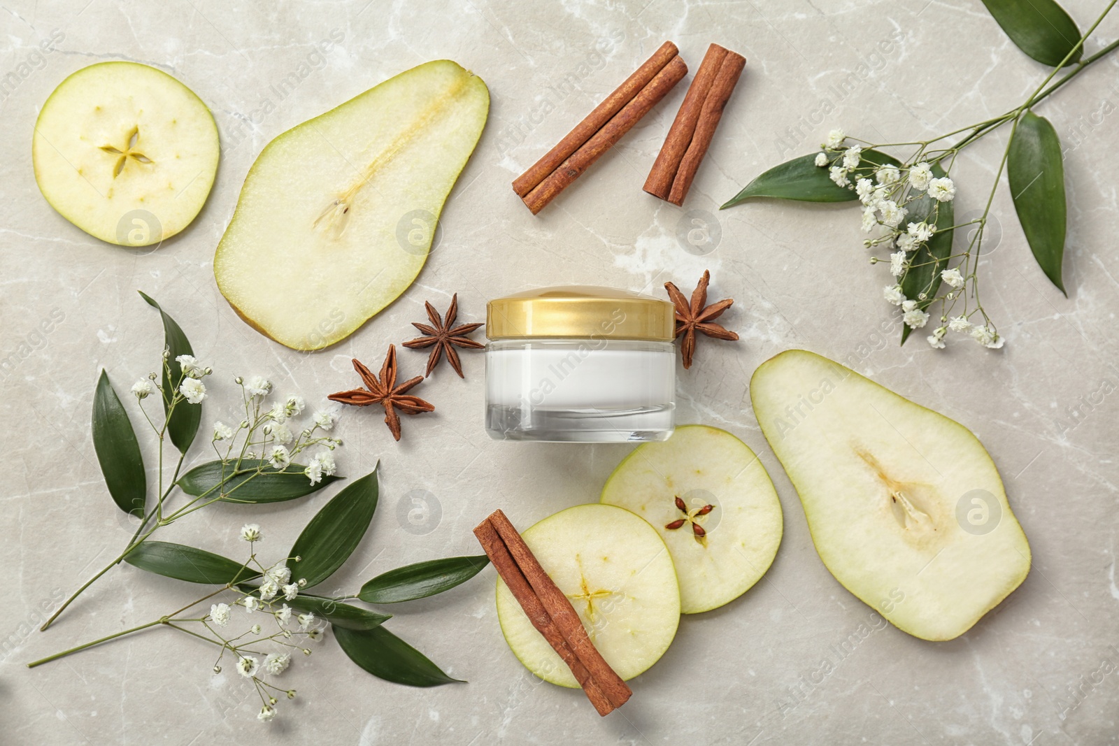 Photo of Beautiful composition with jar of cream on light background, flat lay