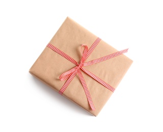 Beautifully wrapped gift box on white background, top view