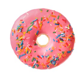 Photo of Sweet tasty glazed donut decorated with sprinkles isolated on white