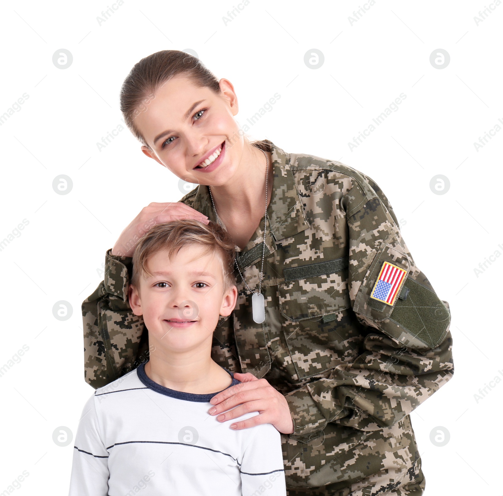 Photo of Female soldier with her son on white background. Military service