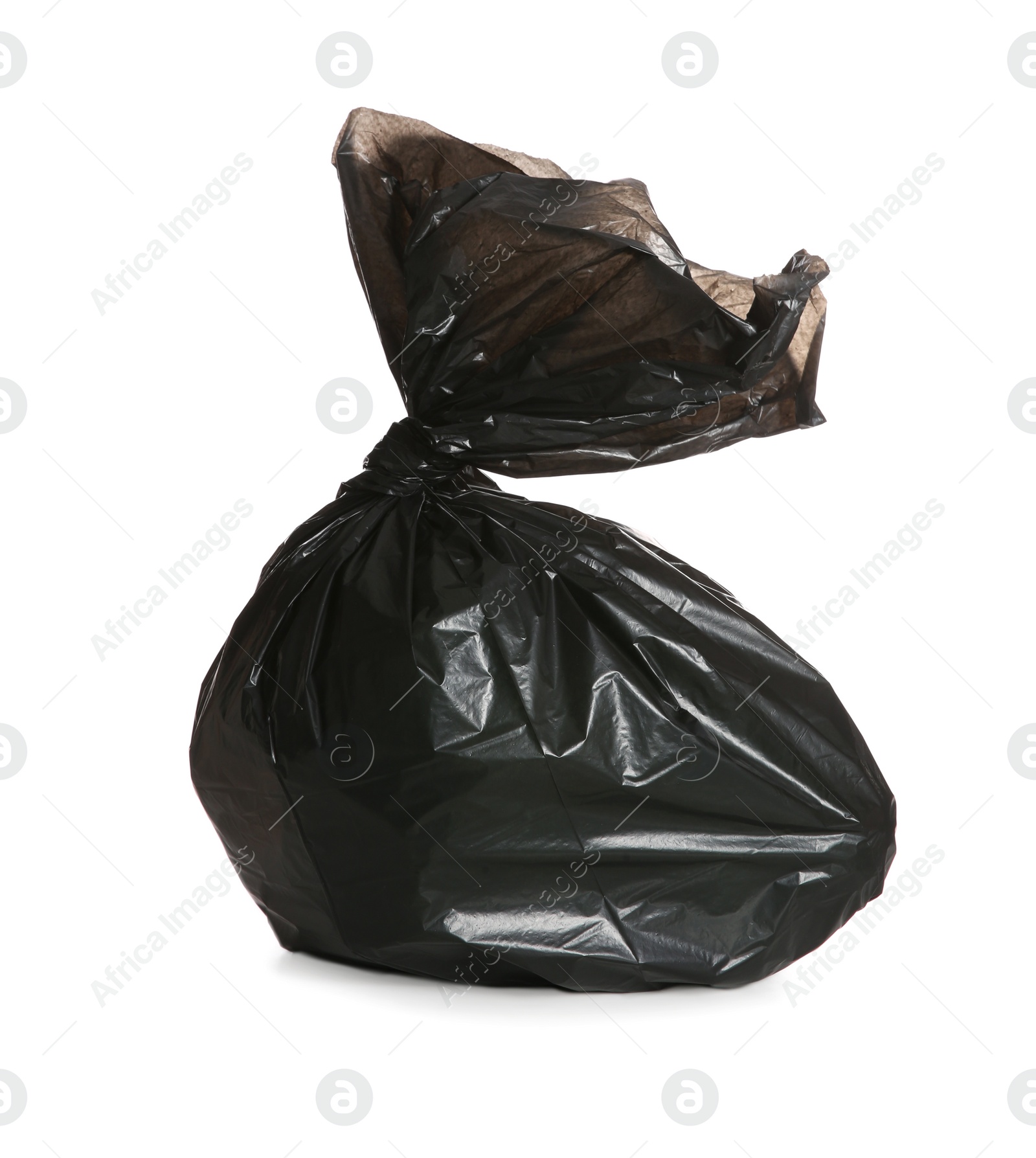 Photo of Black trash bag full of garbage isolated on white