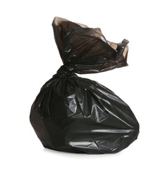 Black trash bag full of garbage isolated on white