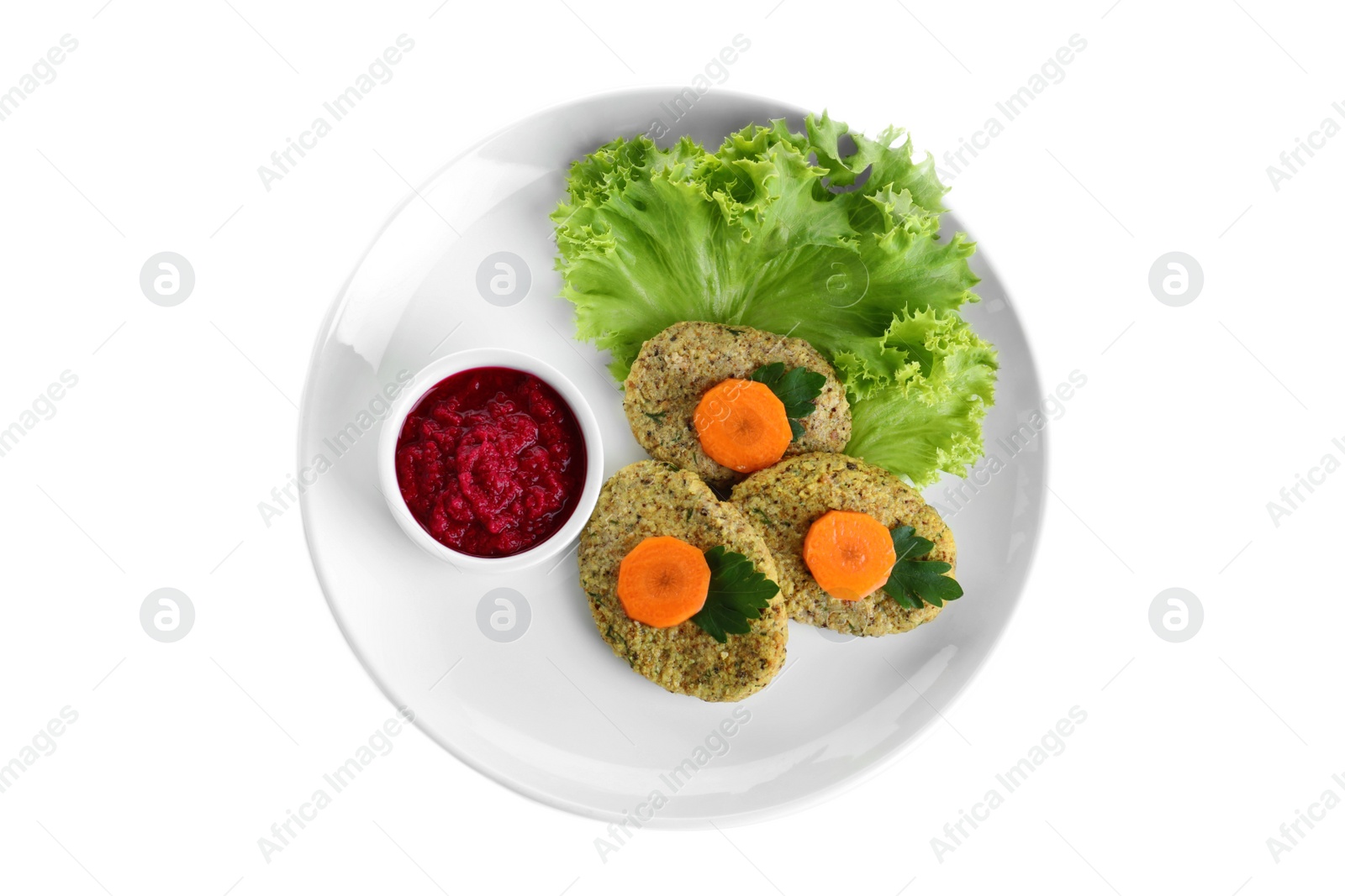 Photo of Plate of traditional Passover (Pesach) gefilte fish isolated on white, top view