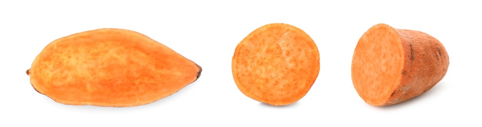 Image of Set with fresh sweet potatoes on white background. Banner design