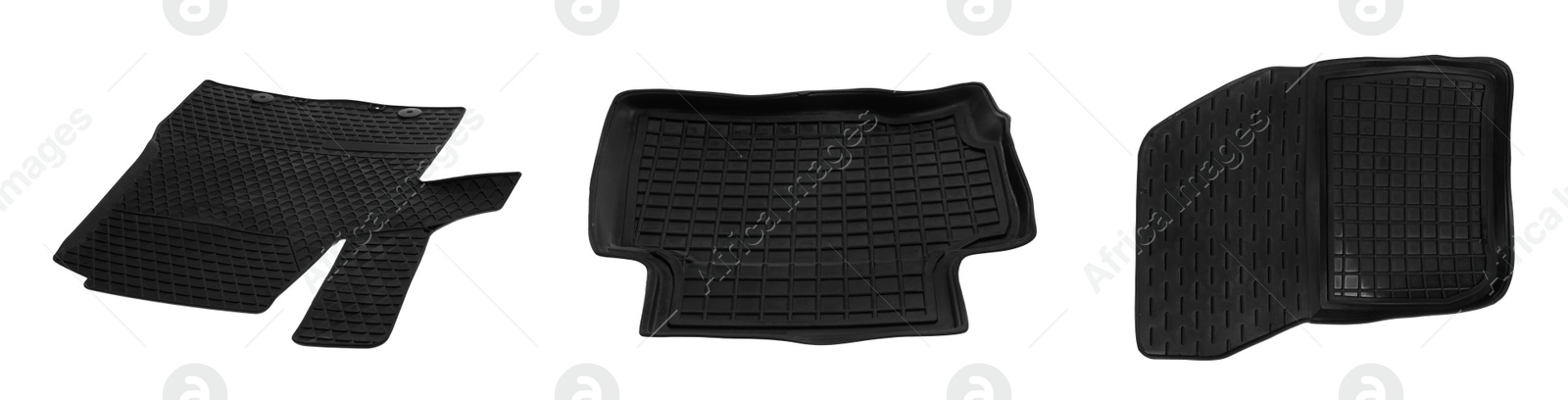 Image of Set with black car floor mats on white background. Banner design