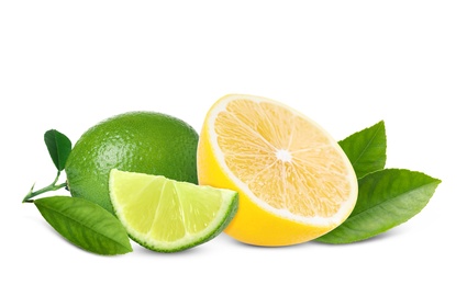 Image of Fresh limes, lemon and green leaves on white background