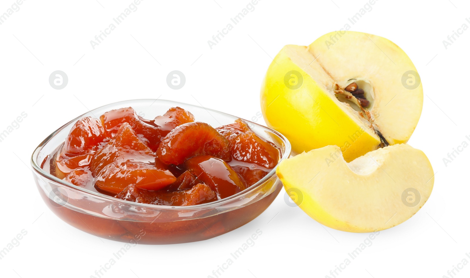 Photo of Quince jam in glass bowl and fresh raw fruit isolated on white