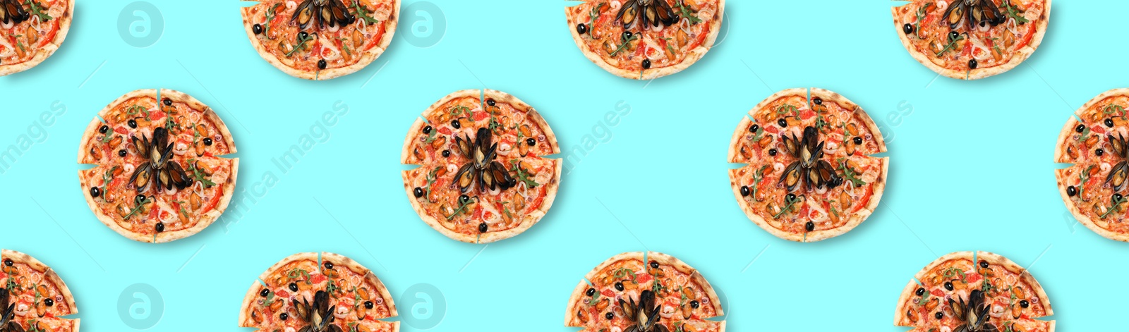 Image of Many delicious seafood pizzas on turquoise background, flat lay. Seamless pattern design