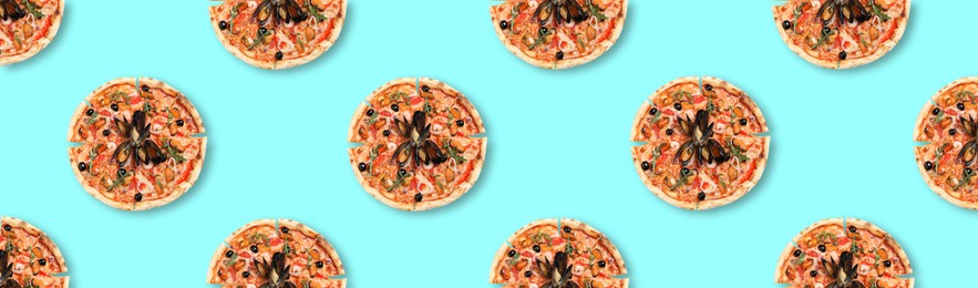 Image of Many delicious seafood pizzas on turquoise background, flat lay. Seamless pattern design