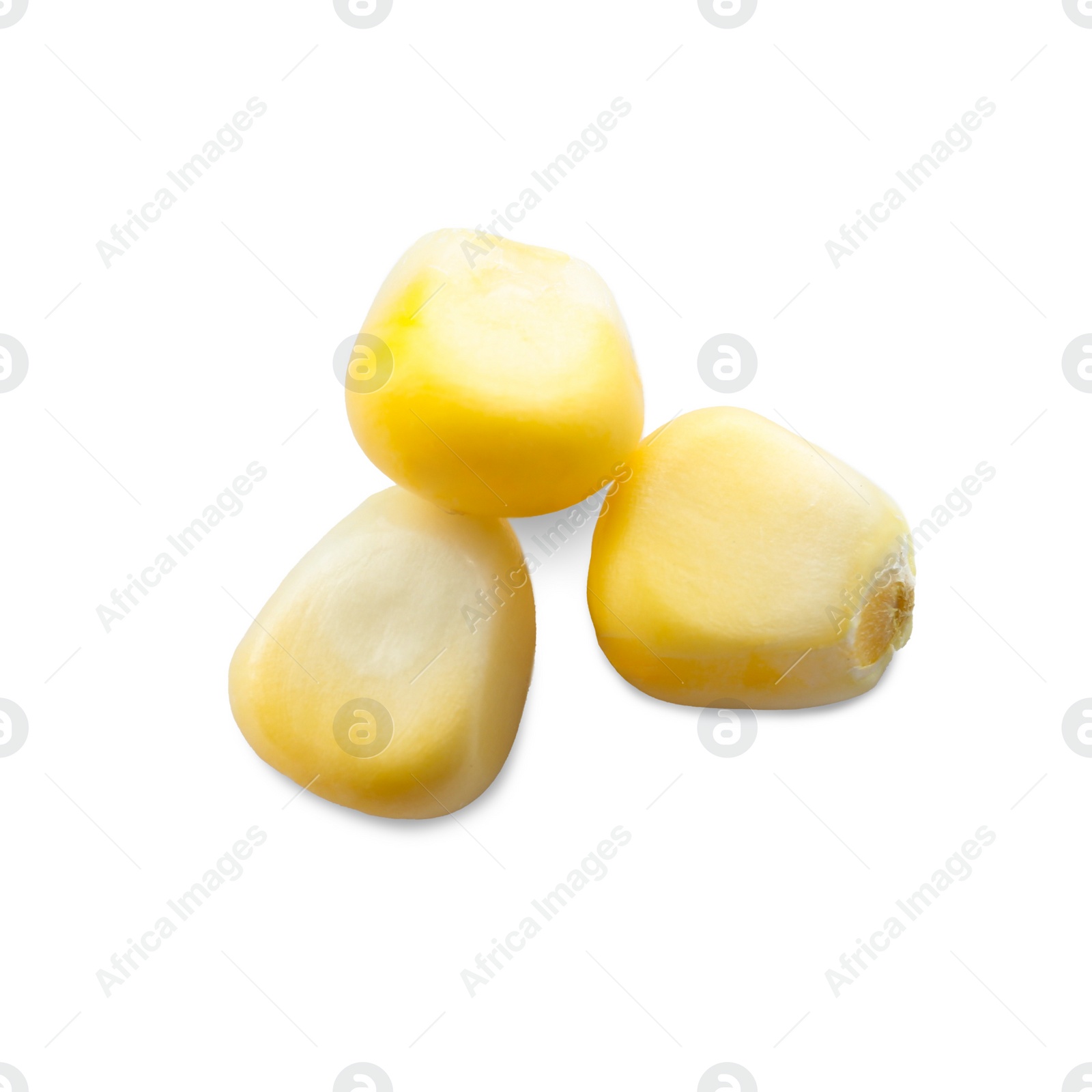 Photo of Tasty fresh corn kernels on white background, top view