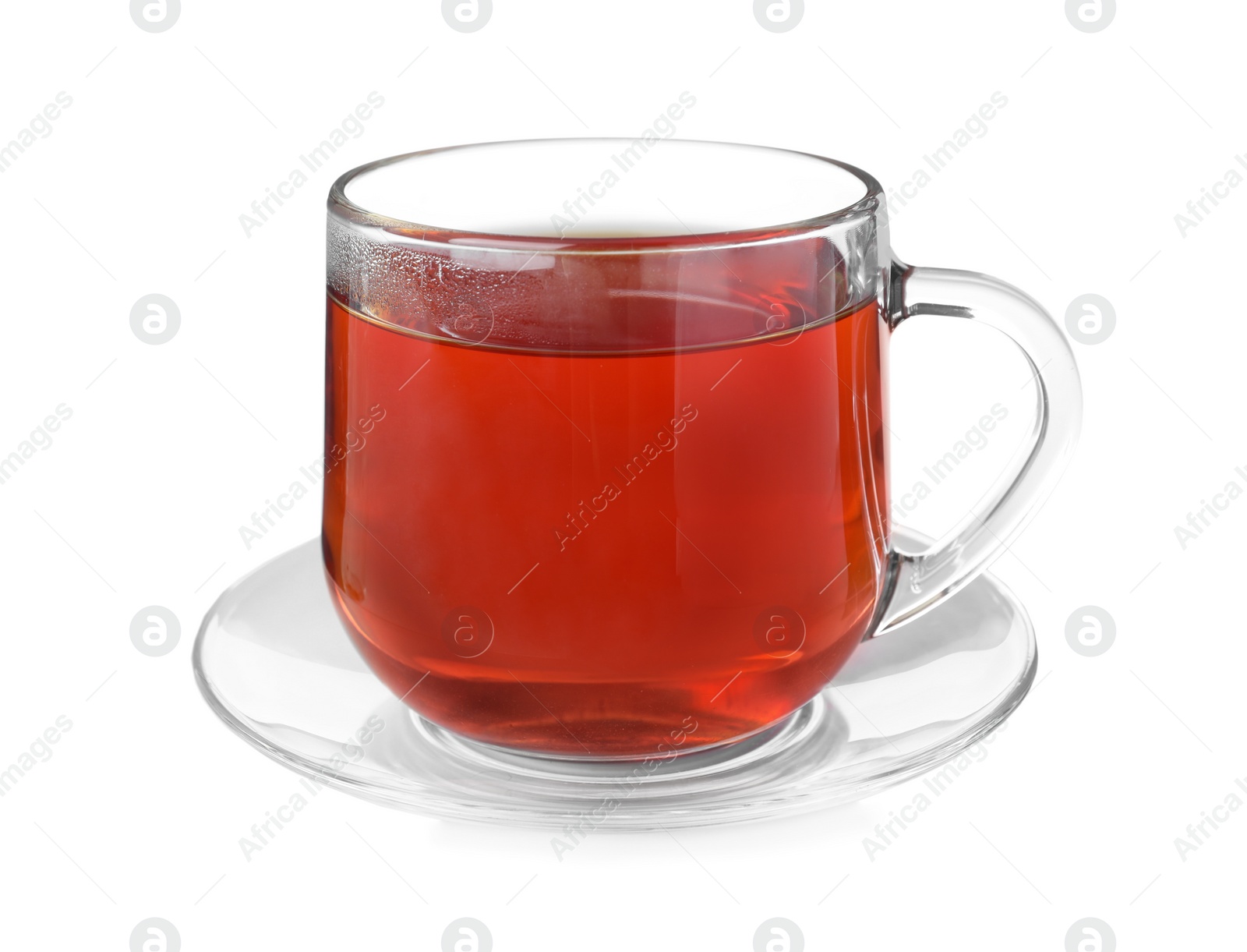 Photo of Glass cup of aromatic rooibos tea isolated on white