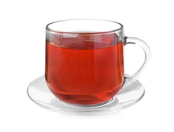 Glass cup of aromatic rooibos tea isolated on white