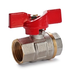 Photo of New valve on white background. Plumber's supply