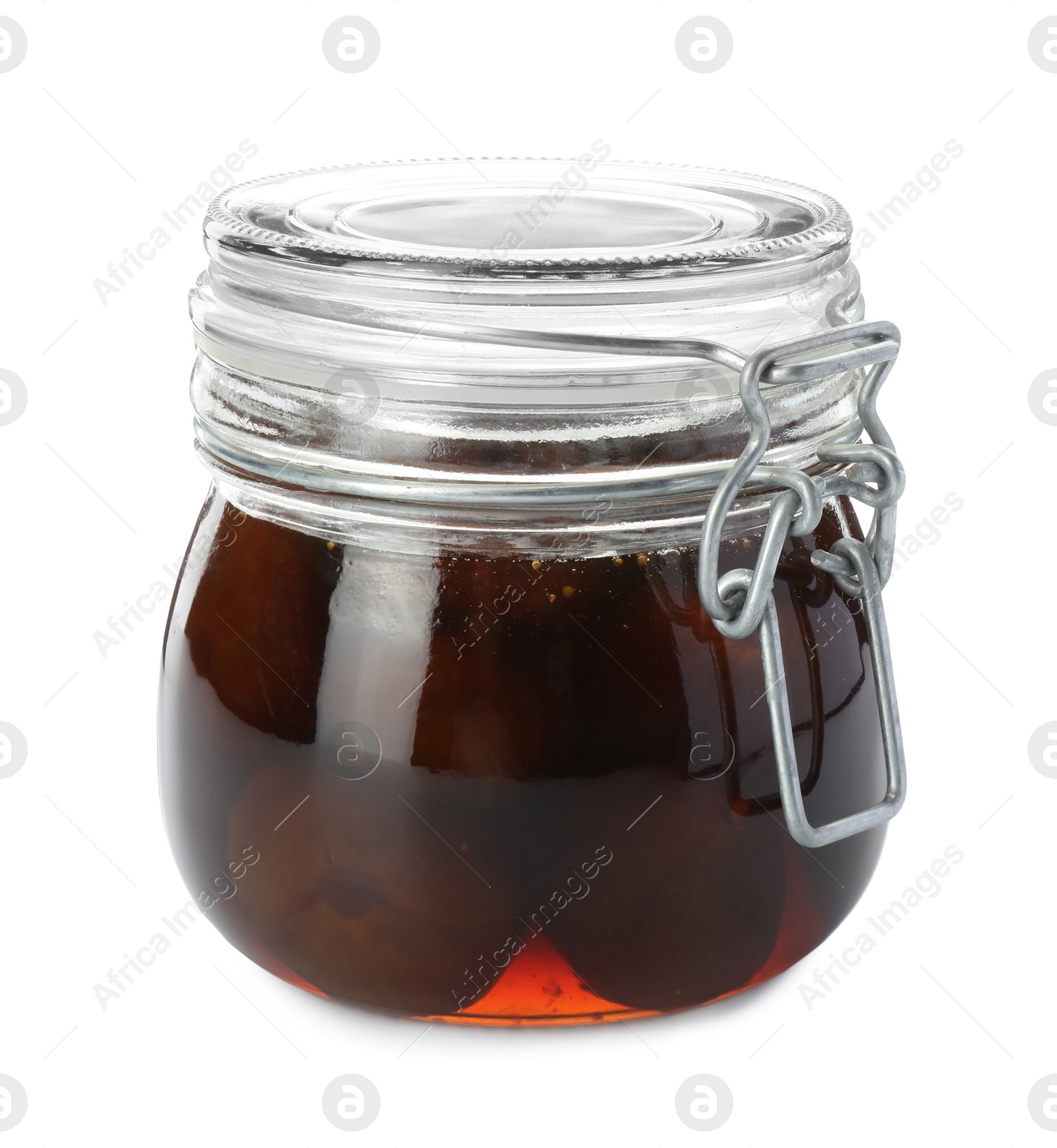 Photo of Jar of tasty sweet fig jam isolated on white