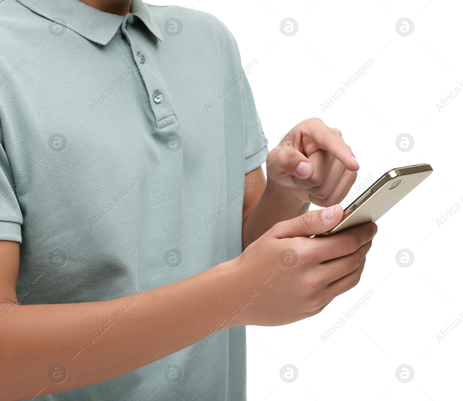 Photo of Young man sending message via smartphone on white background, closeup