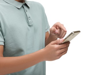 Photo of Young man sending message via smartphone on white background, closeup