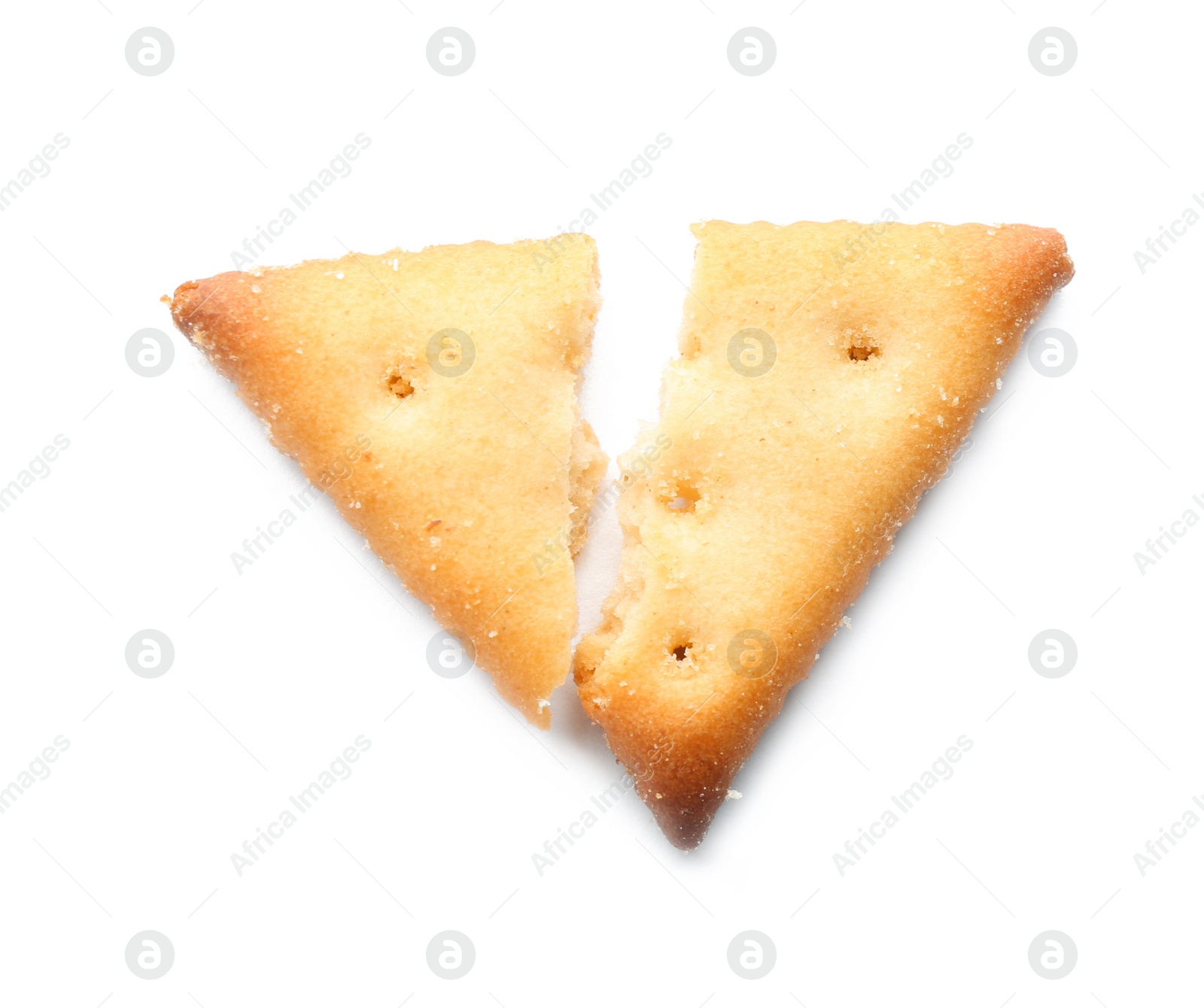 Photo of Broken delicious crispy cracker isolated on white, top view