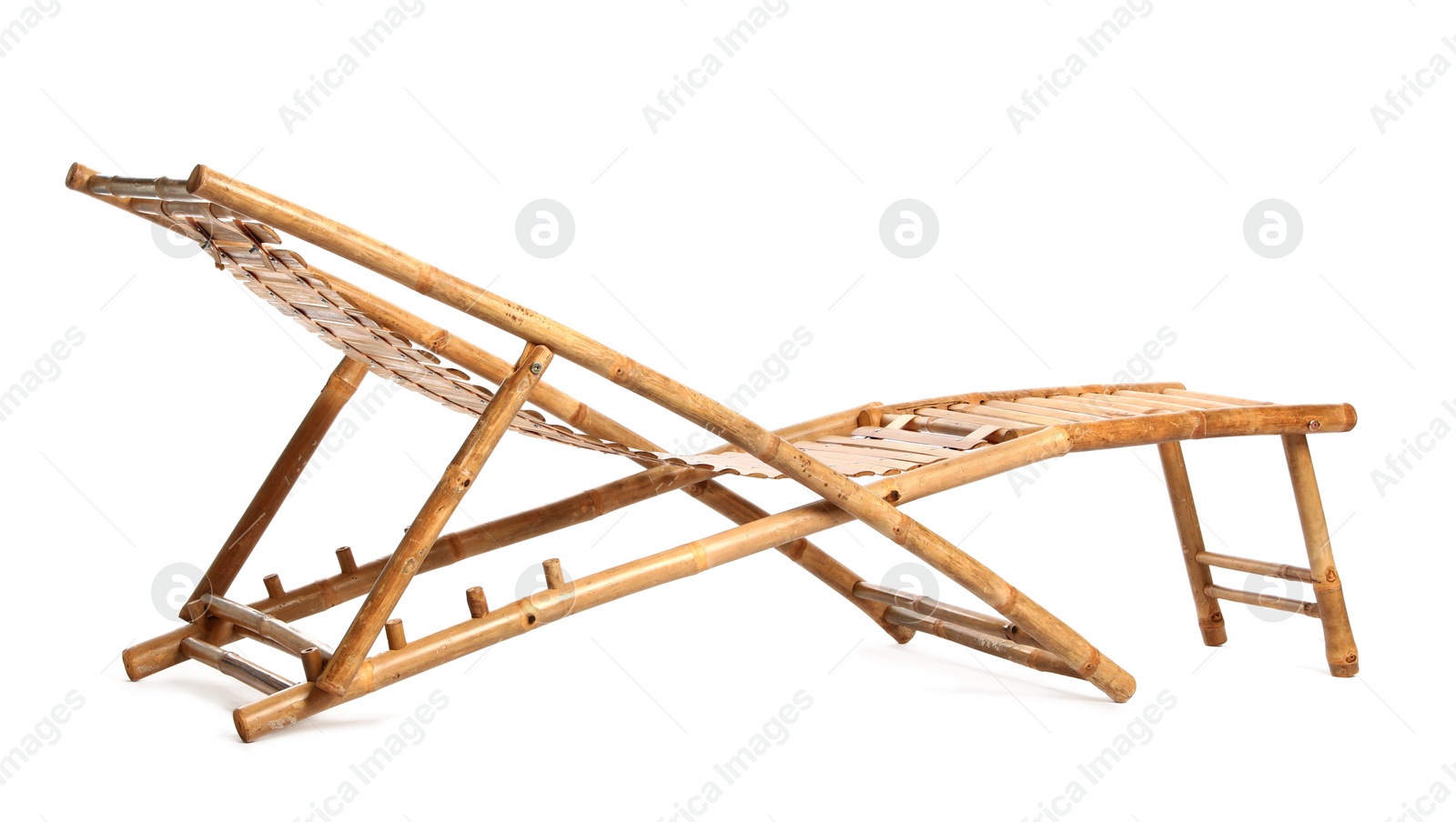 Photo of Empty wooden beach sunbed on white background