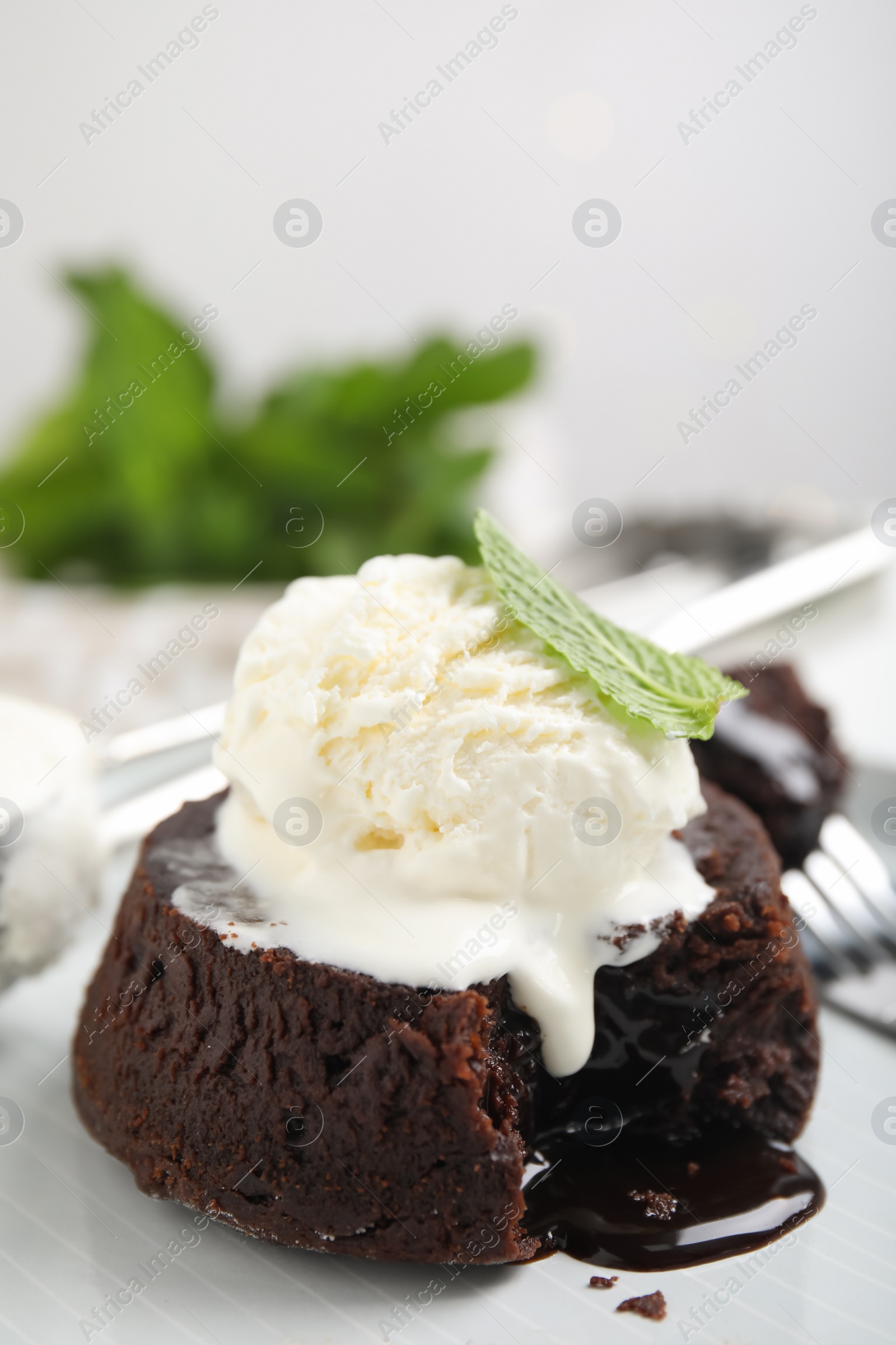 Photo of Delicious fresh fondant with hot chocolate, ice cream  and mint served on plate, closeup