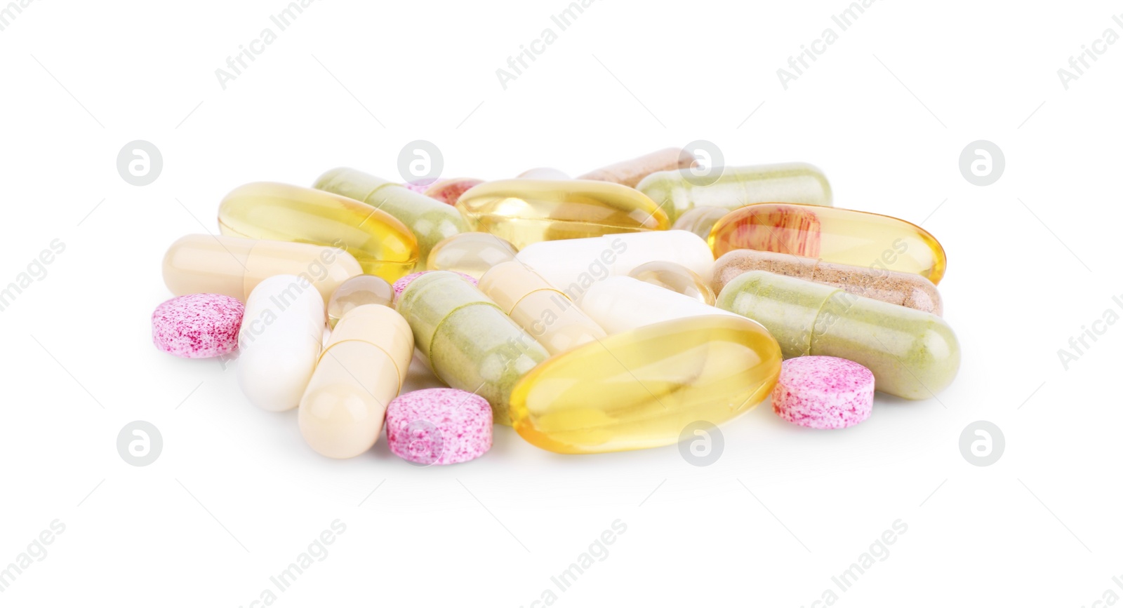 Photo of Many different vitamin pills isolated on white