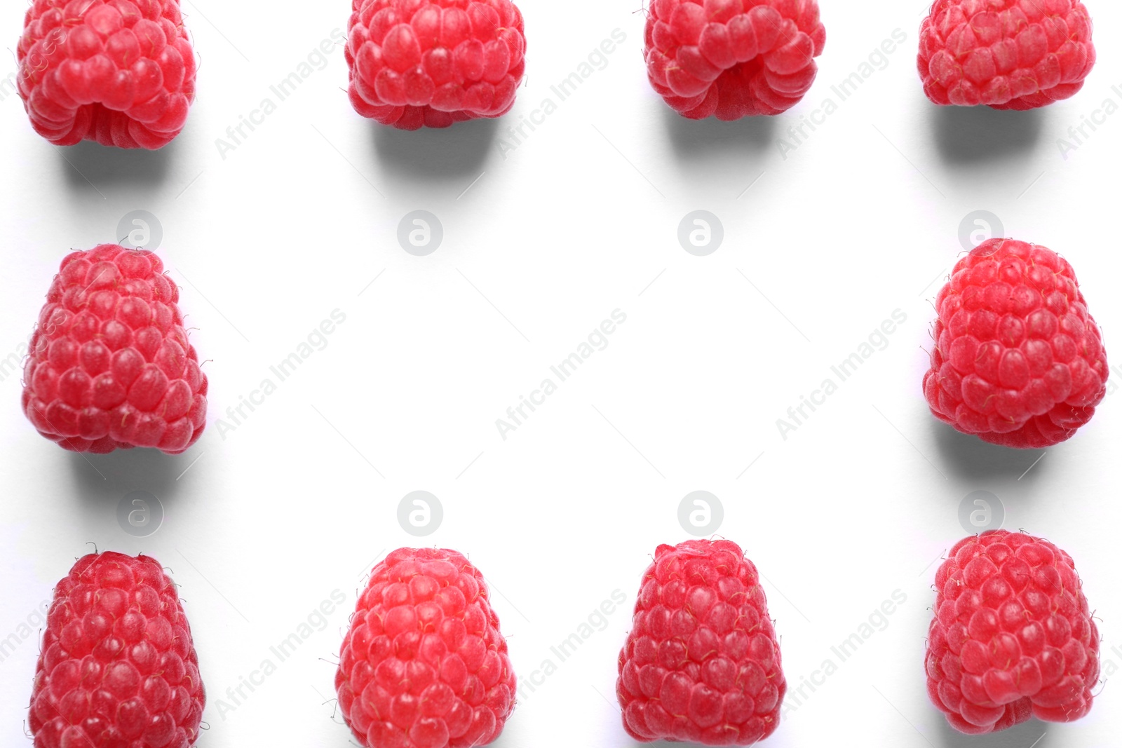 Photo of Frame of delicious ripe raspberries on white background, top view. Space for text