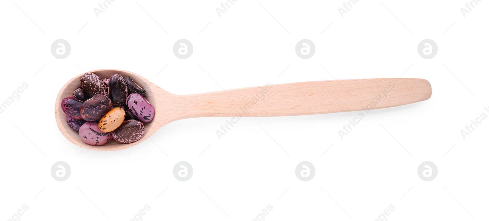 Photo of Wooden spoon with dry kidney beans isolated on white, top view