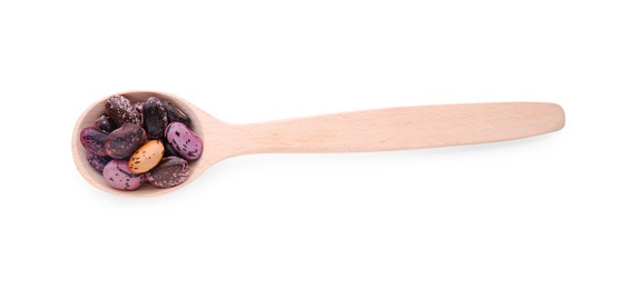 Photo of Wooden spoon with dry kidney beans isolated on white, top view