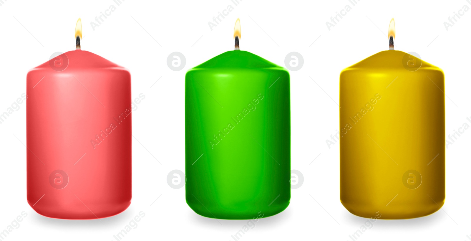 Image of Set of burning color candles on white background. Banner design