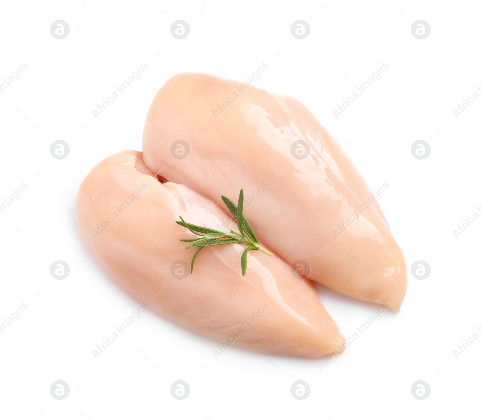 Photo of Raw chicken breasts with rosemary on white background, top view