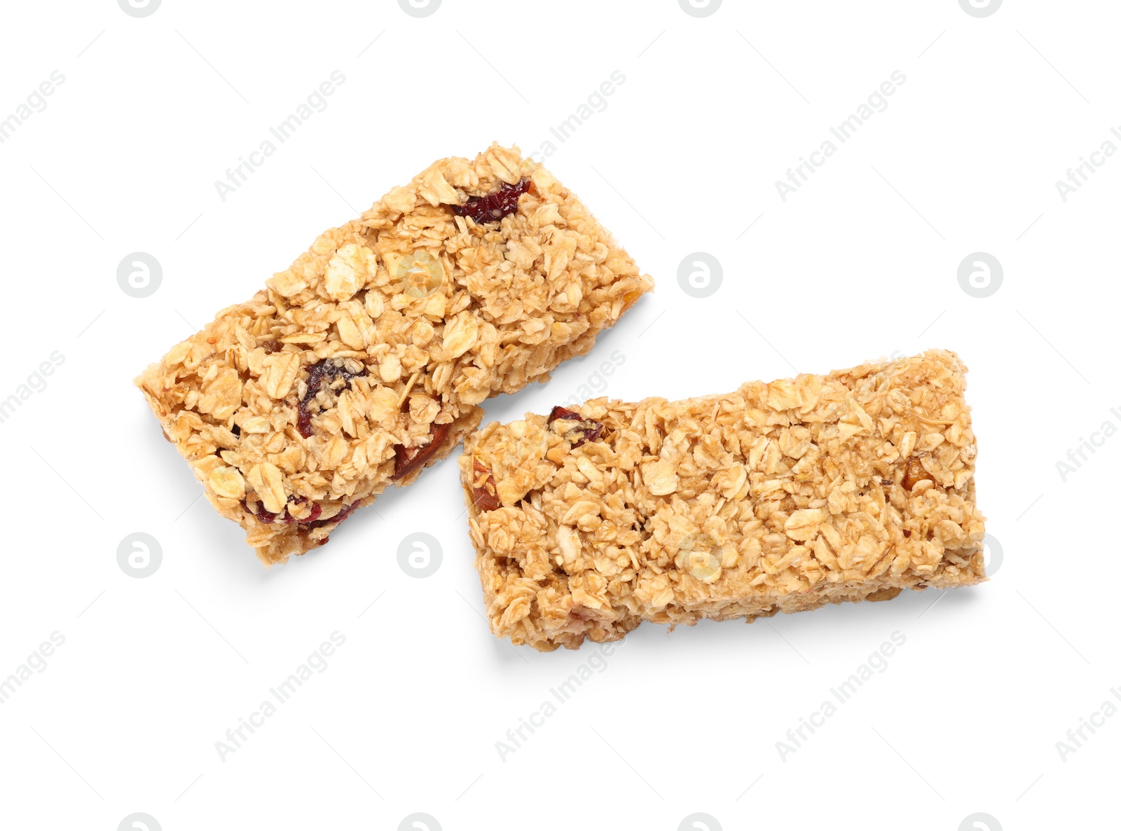 Photo of Two tasty granola bars isolated on white, top view