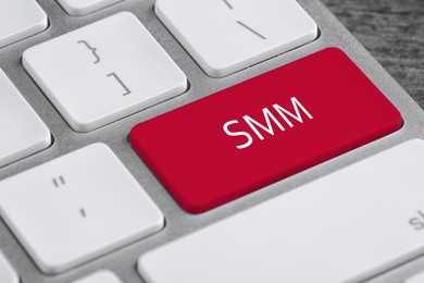 Image of Red button with word SMM on computed keyboard, above view