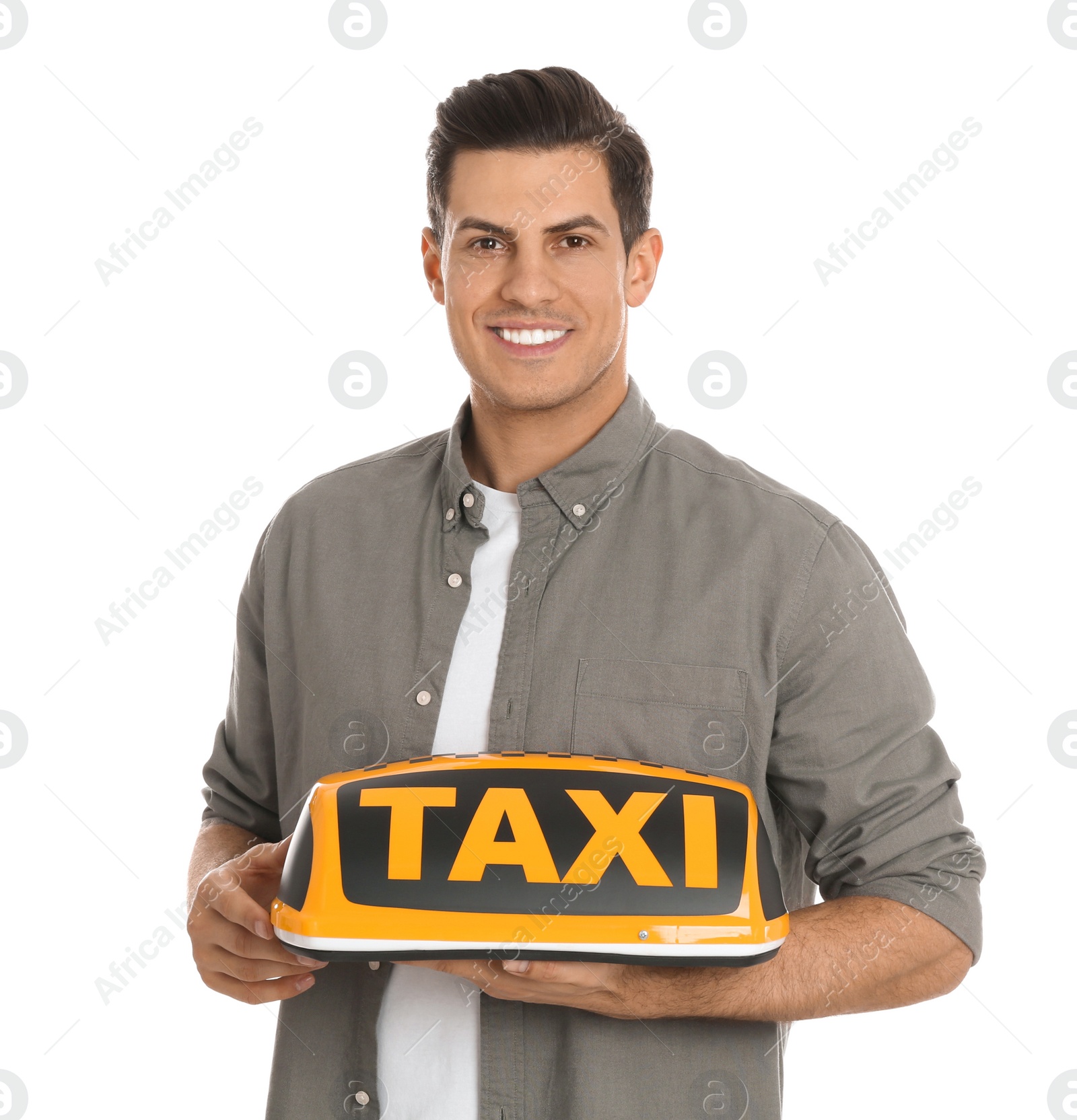 Photo of Man holding taxi sign on white background