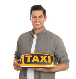 Man holding taxi sign on white background