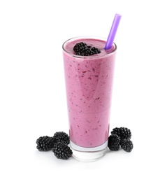 Delicious blackberry smoothie in glass on white background