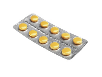 Photo of Pills in blister pack on white background