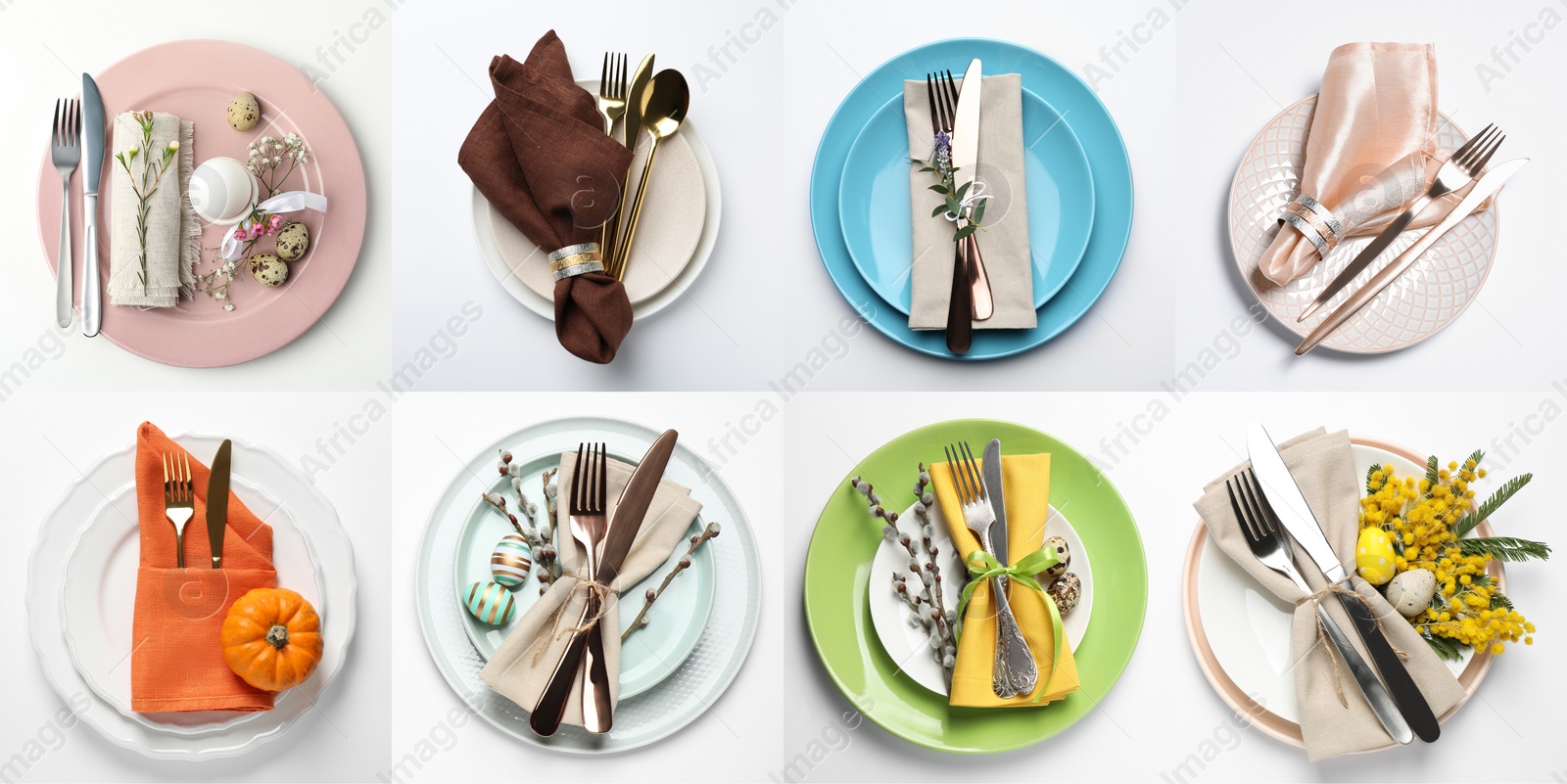 Image of Set with examples of different beautiful table settings on white background, top view. Banner design