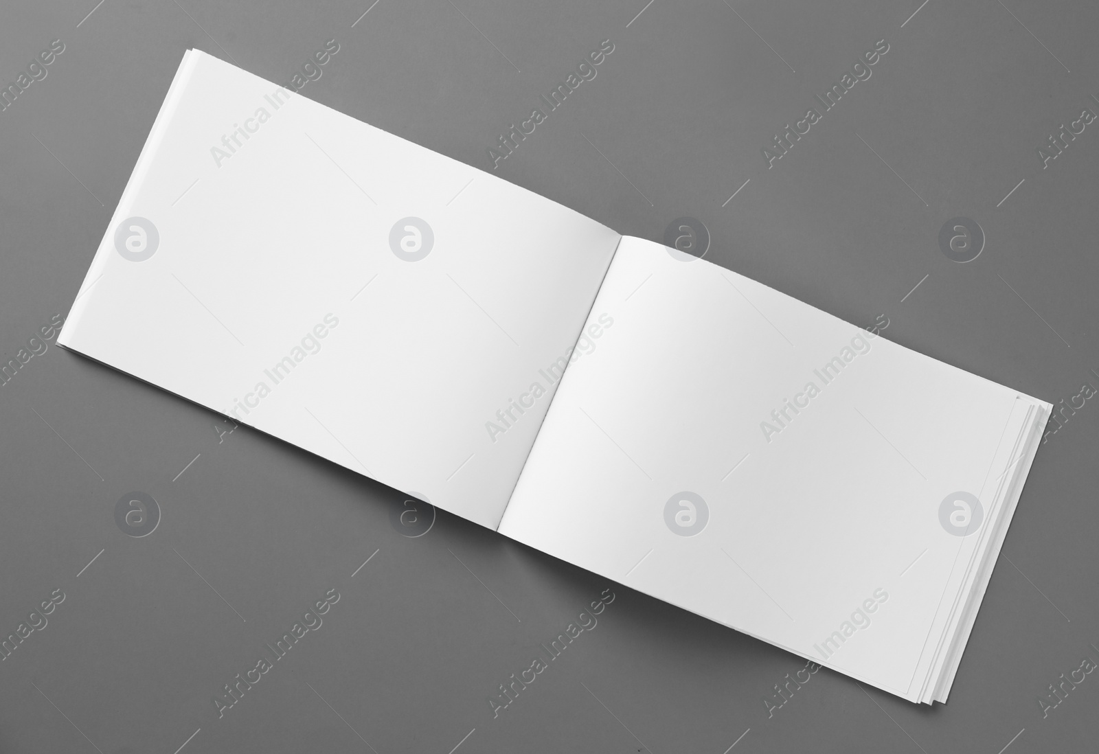 Photo of Open blank brochure on light grey background, top view