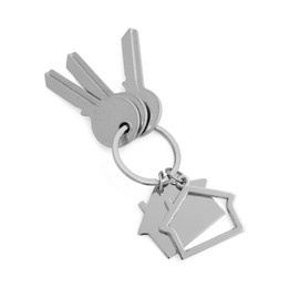 Photo of Keys with keychain in shape of house isolated on white, top view